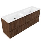 Saniclass Badkamermeubelset - 160x45x61.5cm - Flow solid surface wastafel wit - 2 wasbakken - 2 kraangaten - 4 lades - mat walnut pure (hout) SW1420815/SW1441151