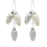 2 Lauschaer 2 stuks elegante kerstboomversiering - kreeft glas Lauscha - kerstboomversiering glazen kegels set van 2 met 3 dennenappels in zilver met textielband 6 cm, glanzend, mat, glinsterend.