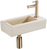 QeramiQ Fuente fonteinset – 37.5x18.5x9 cm – keramiek beige – kraangat rechts – geborsteld gouden kraan