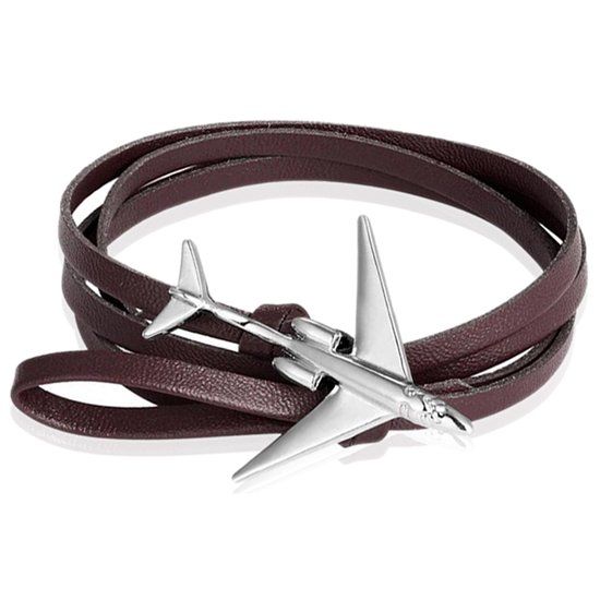 LGT JWLS LGT Jewels Wrap armband Heren Leer Vliegtuig Anker Bruin Zilverkleurig