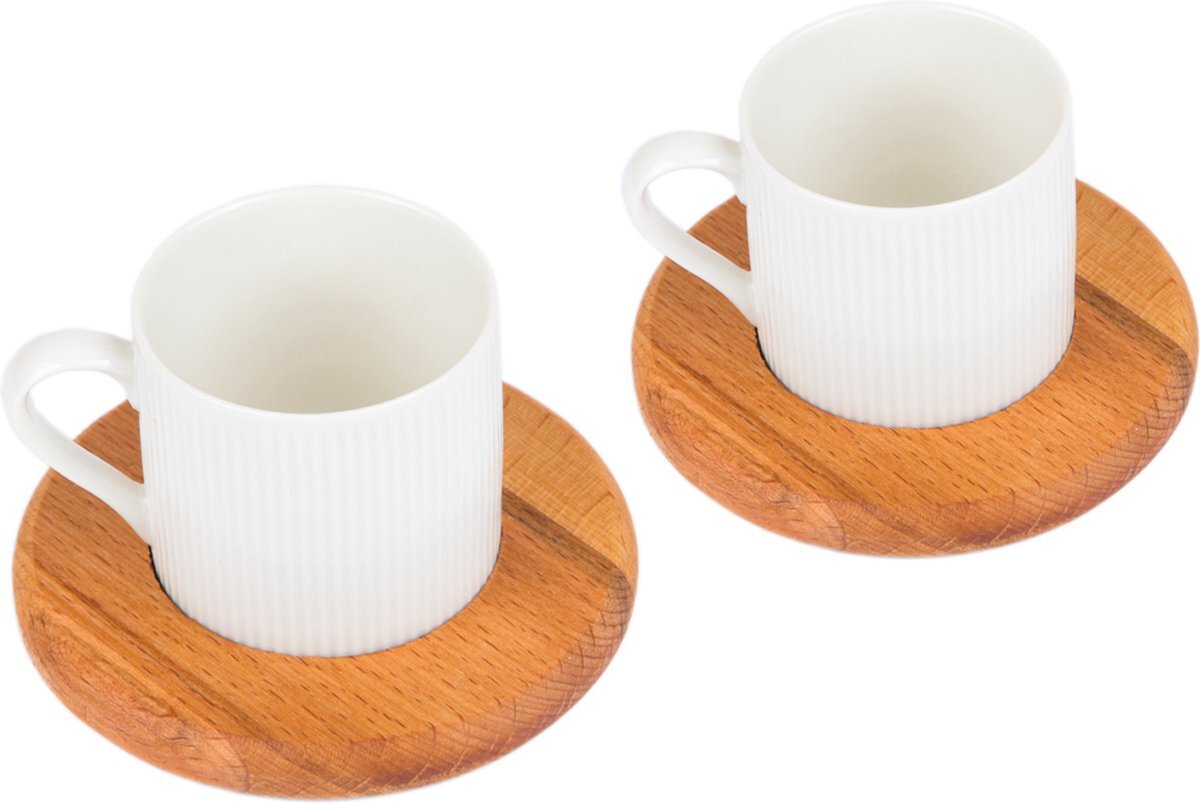 Joy Kitchen Turkse koffie -/ espresso set voor 2 | ø 100 x 50 mm | Landelijke koffie set op houten schotel | Vervaardigd uit duurzaam turks hout en porselein