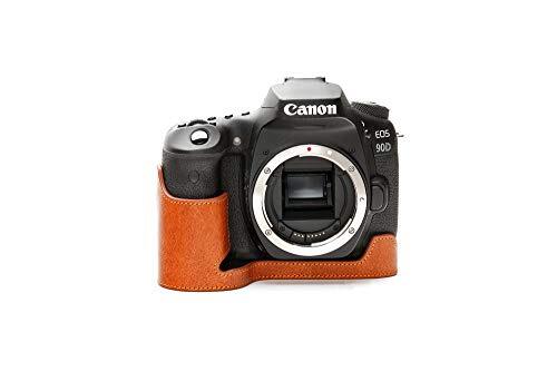 Zakao EOS 90D Hoes, Handgemaakte Echt Echt Lederen Half Camera Hoesje Cover voor Canon Eos 90D Onderzijde Opening Versie Met Hand Band, LavaBrown