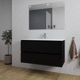 Saniclass Chaci Badkamermeubelset - 100x46x55cm - keramische wastafel wit - 1 wasbak - 1 kraangat - 2 lades - rechthoekige spiegel - mat zwart