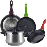 Verpakking met 3 braadpannen 20/24/28 cm van gesmeed aluminium + 6 l roestvrijstalen pan