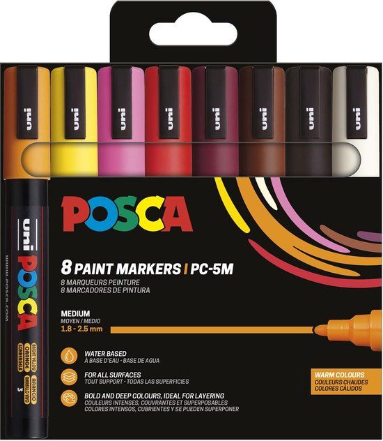 Posca Uni POSCA paintmarker PC-5M | 1 | 8 - 2 | 5 mm | etui van 8 stuks in warme kleuren