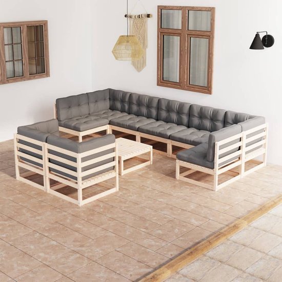 The Living Store Loungeset - Grenenhout - Grijs - 4 hoekbanken - 5 middenbanken - 1 tafel - Afmetingen- 70x70x67 cm (BxDxH) - Kussens inbegrepen