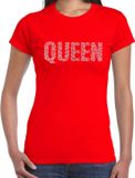 Bellatio Decorations Shoppartners Bv Glitter Queen t-shirt rood met steentjes/ rhinestones voor dames - Glitter kleding/ foute party outfit M