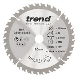 Trend Wood cirkelzaagblad, 165 mm diameter, 20 mm boring, 36 tanden, 2,4 mm snijvoeg, +10° haak, TCT, gemiddeld oppervlak, CSB/16536B