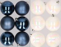 Merkloos / Sans marque Kaemingk B.V. 12x stuks kunststof kerstballen mix van donkerblauw en parelmoer wit 8 cm