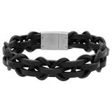 Lucardi - Heren Stainless steel herenarmband gevlochten leer zwart - Armband - Staal - Zilverkleurig - 19 cm