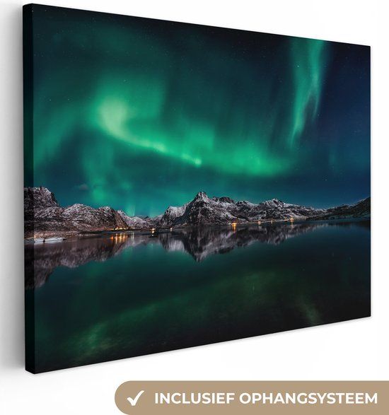 OneMillionCanvasses Canvas schilderij - Noorderlicht - Berg - Sneeuw - Water - Nacht - 80x60 cm
