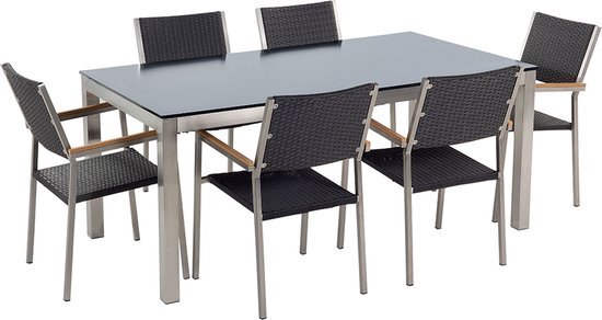 Beliani Tuinset glas zwart tafelblad 180x90cm 6 rotan stoelen GROSSETO