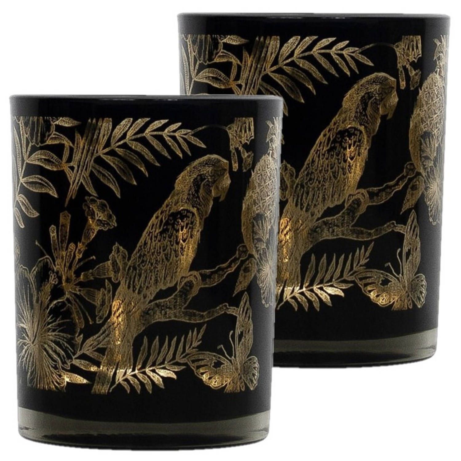 Mars & More Set van 2 theelichthouders glas zwart 10 cm papegaai print