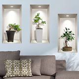 3D-muursticker, zelfklevend, 3D-effect, bonsai-planten, Azië-bonsai, muurtattoo, voor slaapkamer, volwassenen, 3D-muursticker, woonkamer, trompe-oog, 60 x 90 cm