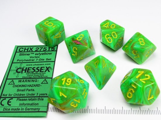 Chessex dobbelstenen set 7 polydice Vortex Slime w/yellow