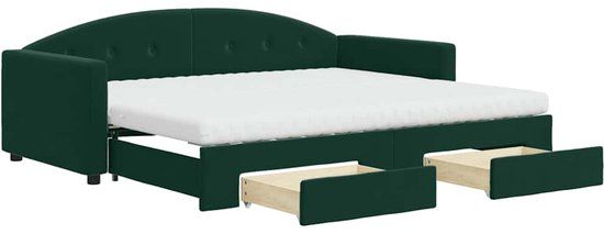 vidaXL Slaapbank met onderschuifbed en lades 90x200 cm fluweel donkergroen