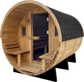 AXI Barrel Buitensauna – Sauna en bois pour max. 6 personnes – 236 x 185 x 194,5 cm – Bois d'épicéa traité thermiquement – Avec véranda & bancs extérieurs – Porte & fenêtres en verre de sécurité trempé - Incl. divers accessoires – Excl. poêle de sauna