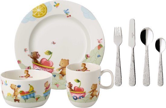 Villeroy & Boch - Hungry as a Bear Kinderbord, 7-delig, premium porselein/roestvrij staal, wit/bont