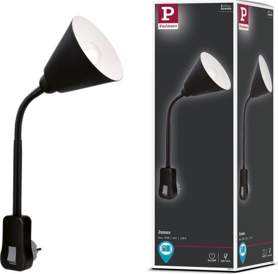 Paulmann Junus Stekkerlamp - Zwart - E14 - Flexibele Arm - Leeslamp