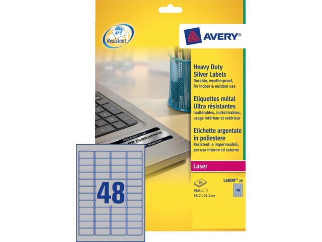 Avery L6009-20 - Etiketten - 45.7x21.2mm - Zilver - 960 stuks