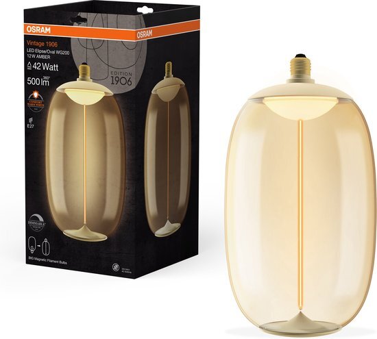 OSRAM Vintage 1906 Big Elipse Oval is a dimmable LED lamp made of plastic with an elliptical filament. It offers 12 W, 500 lm, E27 socket, amber design, 200-mm diameter, CRI 80, 1,800 K.