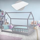 ML-Design Kinderbed huisbed 90x200 cm lichtgrijs dennenhout incl. matras H-10cm uitvalbeschermend dak en lattenbodem