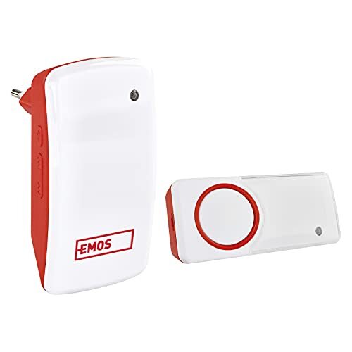 Emos P5750 Deurbel zonder batterijen, draadloze bel, set met 150 m bereik en 10 melodieën, 5 niveaus volume tot 110 dB/Visuele weergave/zelflerende koppeling/kleur, 230 V, rood/wit