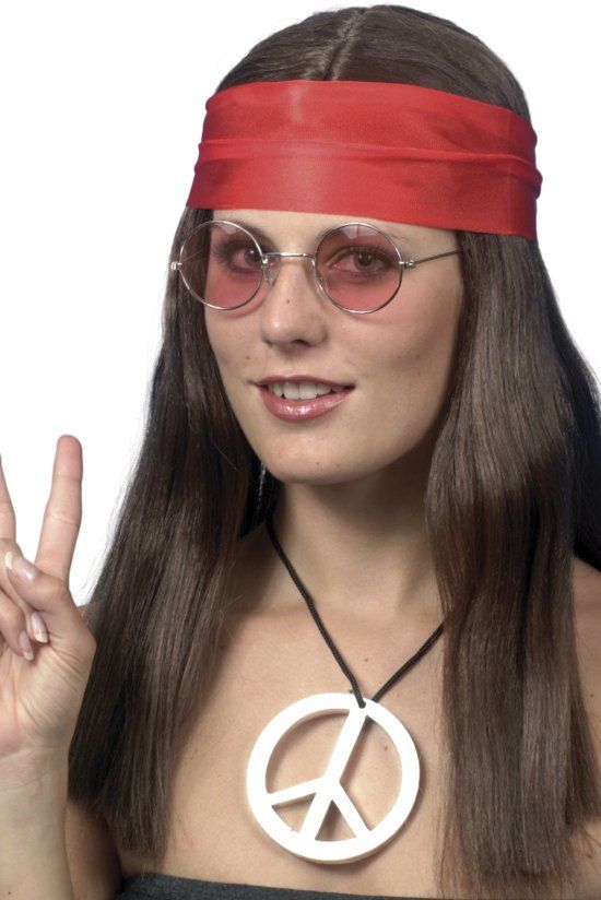 Vegaoo Hippie pruik + haarband + peace ketting + bril