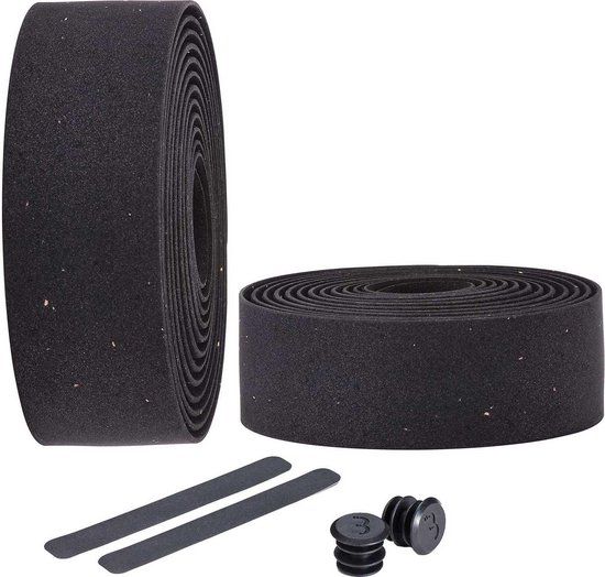 BBB Cycling Stuurlint Racefiets - Zelfklevend Stuurtape met Stretch Materiaal - Antislip - Lengte: 200cm - Dikte: 2mm - Inclusief Stuurdoppen - Zwarte Kurk - RaceRibbon BHT-01