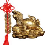 Amperer Feng Shui messing draak schildpad standbeeld rijkdom welvaart sculptuur met set van 5 geluksbrenger oude munten op rode draad beste housewarming felicitatie geschenk woondecoratie (C2