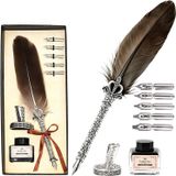 Plume élégante antique avec pot d'encre noir et plumes en acier inoxydable - Ensemble gris