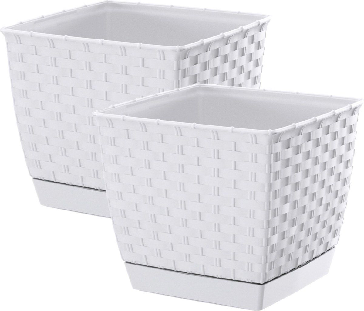Prosperplast Plantenpot Set - 4x Stuks - Rotan - Kunststof - 22x22x19 cm - Parel Wit - Binnen/Buiten