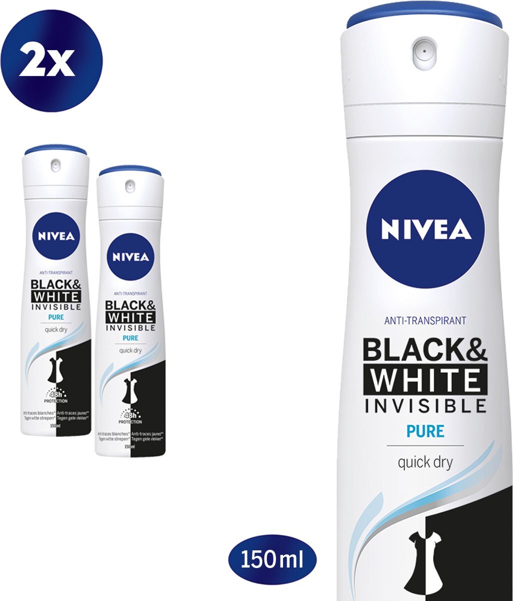 Nivea Invisible For Black & White Pure - 2 x 150 ml - voordeelverpakking - Deodorant Spray