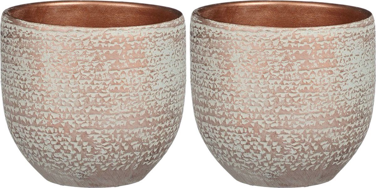 Mica Decorations - plantenpot/bloempot - koper/wit flakes relief - D14/H12 cm - 2 stuks