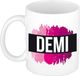 Bellatio Decorations Demi naam cadeau koffie mok - beker - met roze verfstrepen - Cadeau collega - moederdag - verjaardag - juf - coach - 300 ml - wit