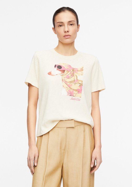 comma T-shirt met dierenprint, ronde hals, korte mouw, extra kort, aansluitend, katoen, beige, maat 40