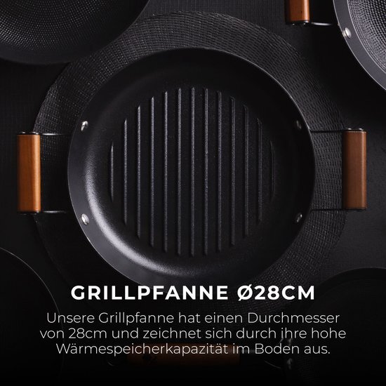 MasterPro Odín Wok 24 cm + grillpan 28 cm | pannenset met antiaanbaklaag 2-delig | van ijzer | ergonomische houten handgrepen | pannenset | voor alle warmtebronnen
