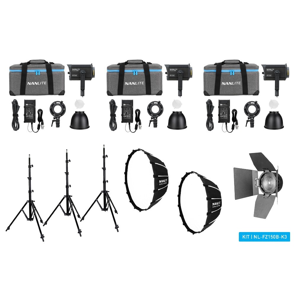 Nanlite Nanlite Forza 150B Bi-color LED triple kit (w/ case, light stand, fresnel and softbox)