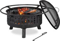 Relaxdays Vuurkorf met Grillrooster & Vonkenscherm - Ø 75 cm - Zwart/Zilver