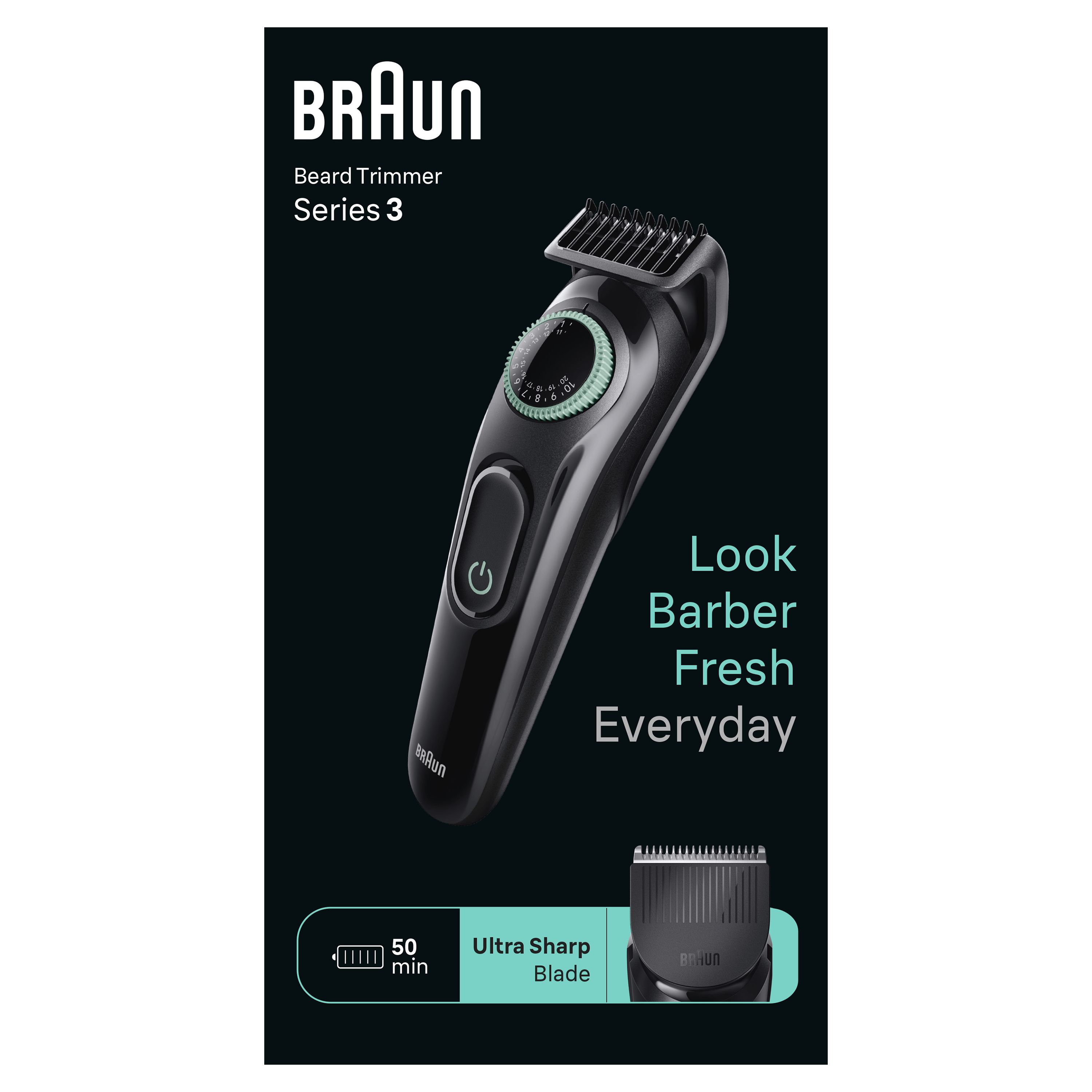 Braun BeardTrimmer 3 BT3411 - Baardtrimmer voor Heren - 50 minuten Gebruiksduur - Zwart/Groen
