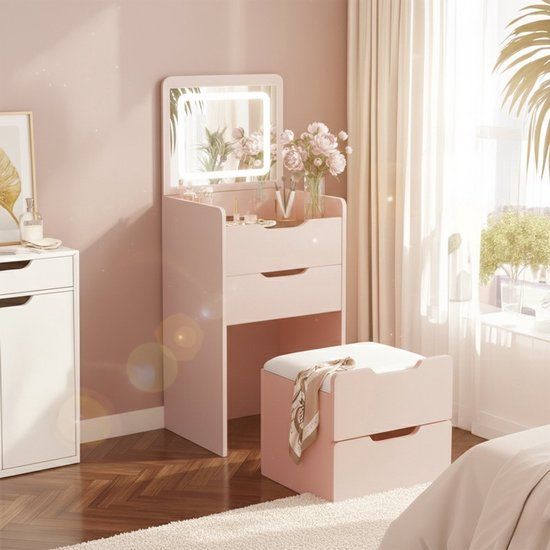 MAZAZU - Kaptafel - LED Spiegel - Krukje - Compacte Make-up Tafel - Roze - 120x48x40 cm