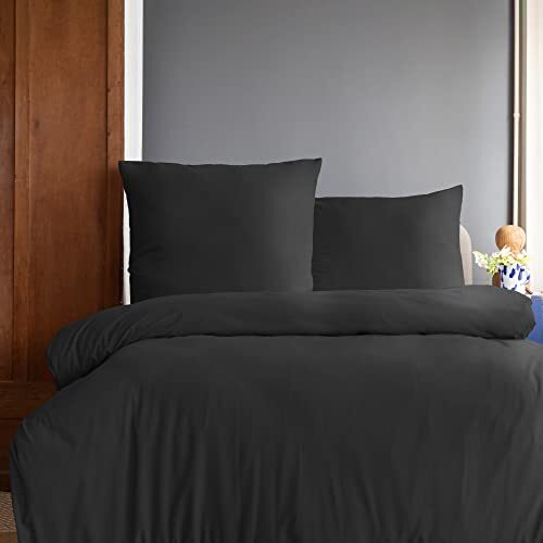 Komfortec Premium beddengoed 240 x 220 cm dekbedovertrek + 80 x 80 cm 2 kussenslopen, geborsteld 100% polyester microvezel 120 g/m², 3-delige superzachte beddengoedset, zwart