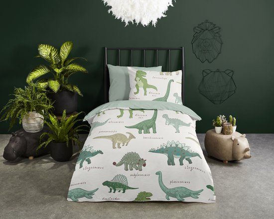 Good Morning dekbedovertrek dino's - 1 persoons 140x200/220 cm - Groen - 100% Katoen renforce