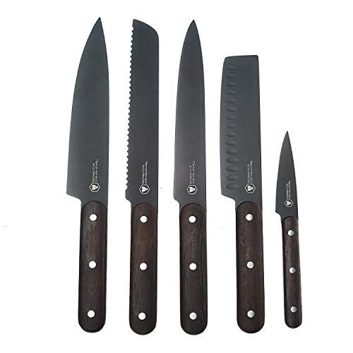 LAGUIOLE - Set of 5 Kitchen Knives - Black Blade - Beech Hands - Multicoloured