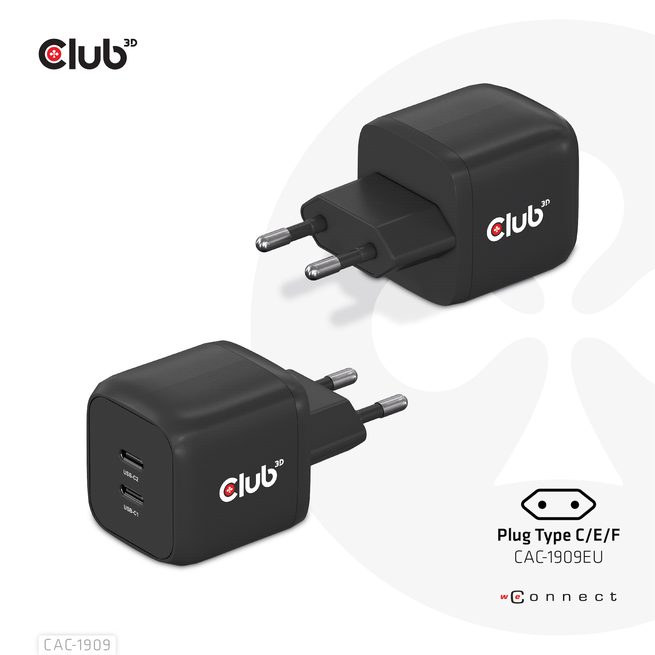 Club 3D Travel Charger PPS 45W GAN technology, Dual port USB Type-C, Power Delivery(PD) 3.0 Support