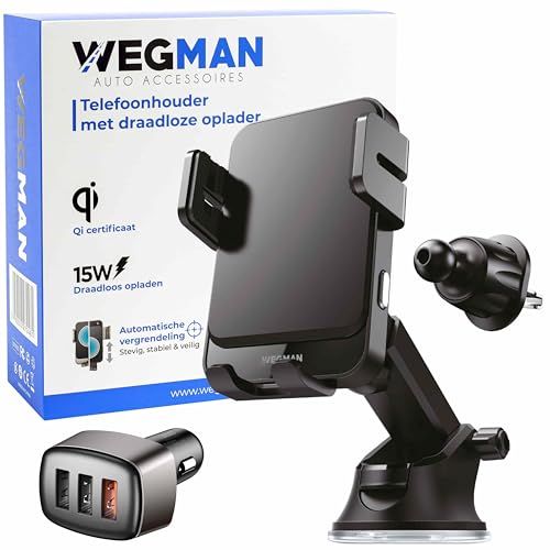 Wegman Telefoonhouder Auto 15W QI Draadloze Oplader - Ventilatie, Raam, Dashboard - Zuignap - Smartphone Autolader Draadloos - GSM Houder Adapter - Auto Oplader