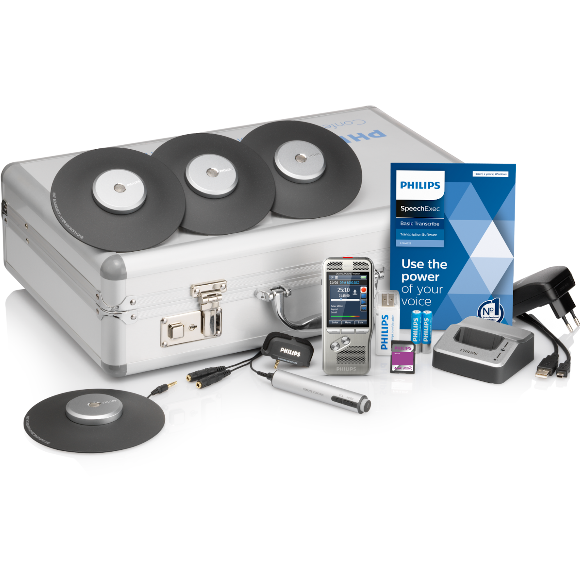 Philips PocketMemo Vergaderrecorder DPM8900/02, 4x 360° microfoon/32 pers., accessoires, metale draagkoffer, SpeechExec Basic Dictate 11, 2-jaar licentie