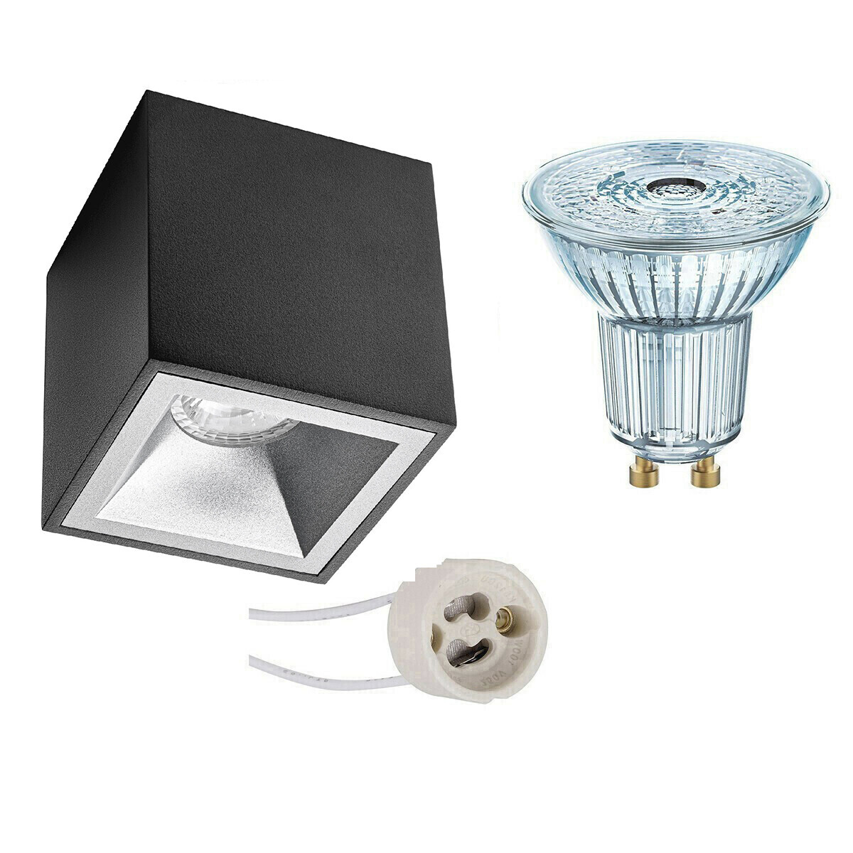 Osram Voordeelset - Opbouwspot Set - Parathom PAR16 927 36D - Pragmi Cliron Pro - GU10 Fitting - Dimbaar - Opbouw Vierkant - Mat Zwart/Zilver - 5.5W - Warm Wit 2700K - Verdiept - 90mm