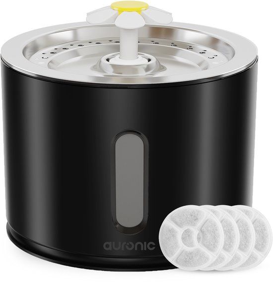 Auronic Drinkfontein - Waterfontein voor Hond en Kat - 2,4L - Zwart - Incl. 4 Filters en 2 Borstels