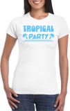Bellatio Decorations Tropical party T-shirt dames - met glitters - wit/blauw - carnaval/themafeest XS